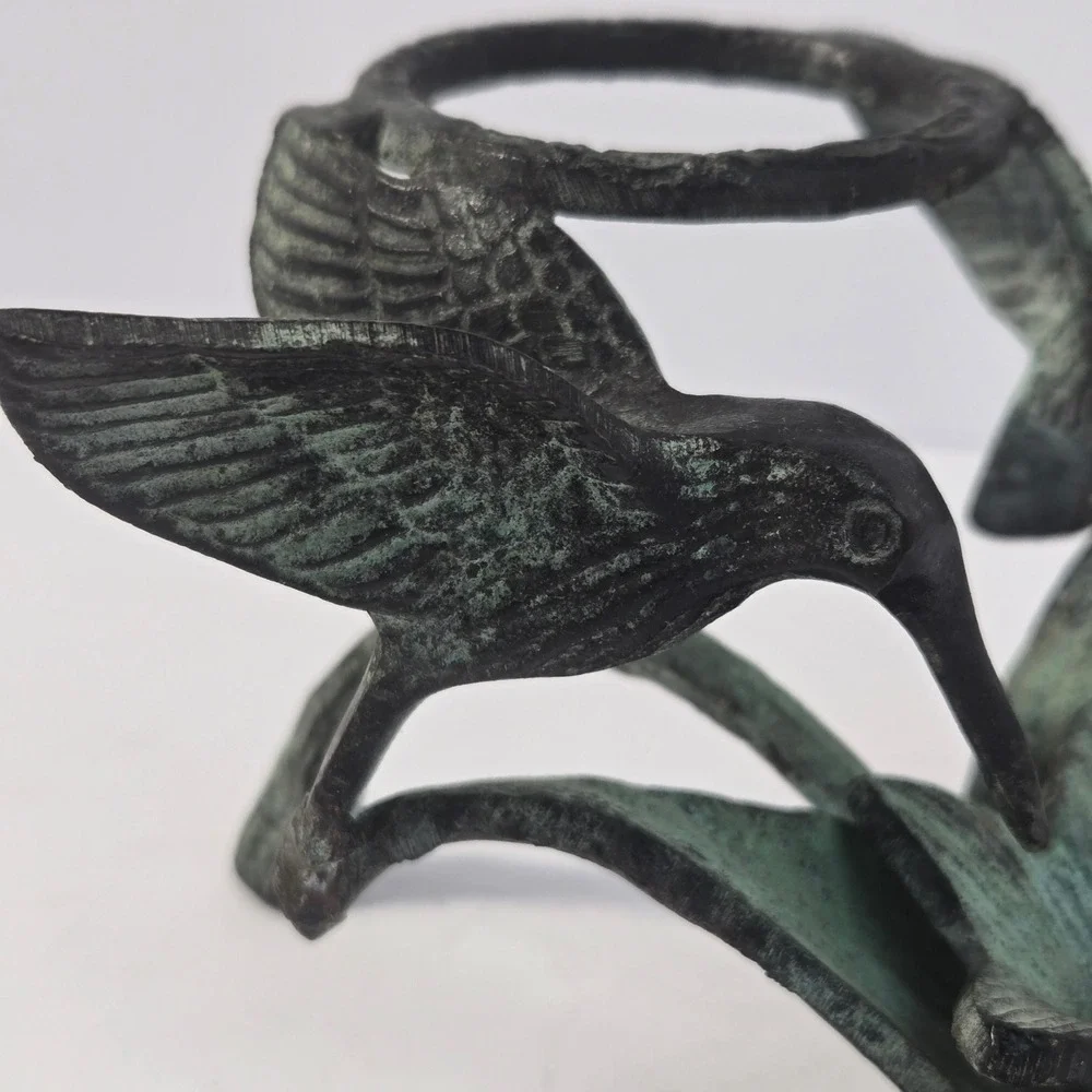 Vintage Verdigris Cast Metal Hummingbird Lily Flower Sculpture Candle Holder